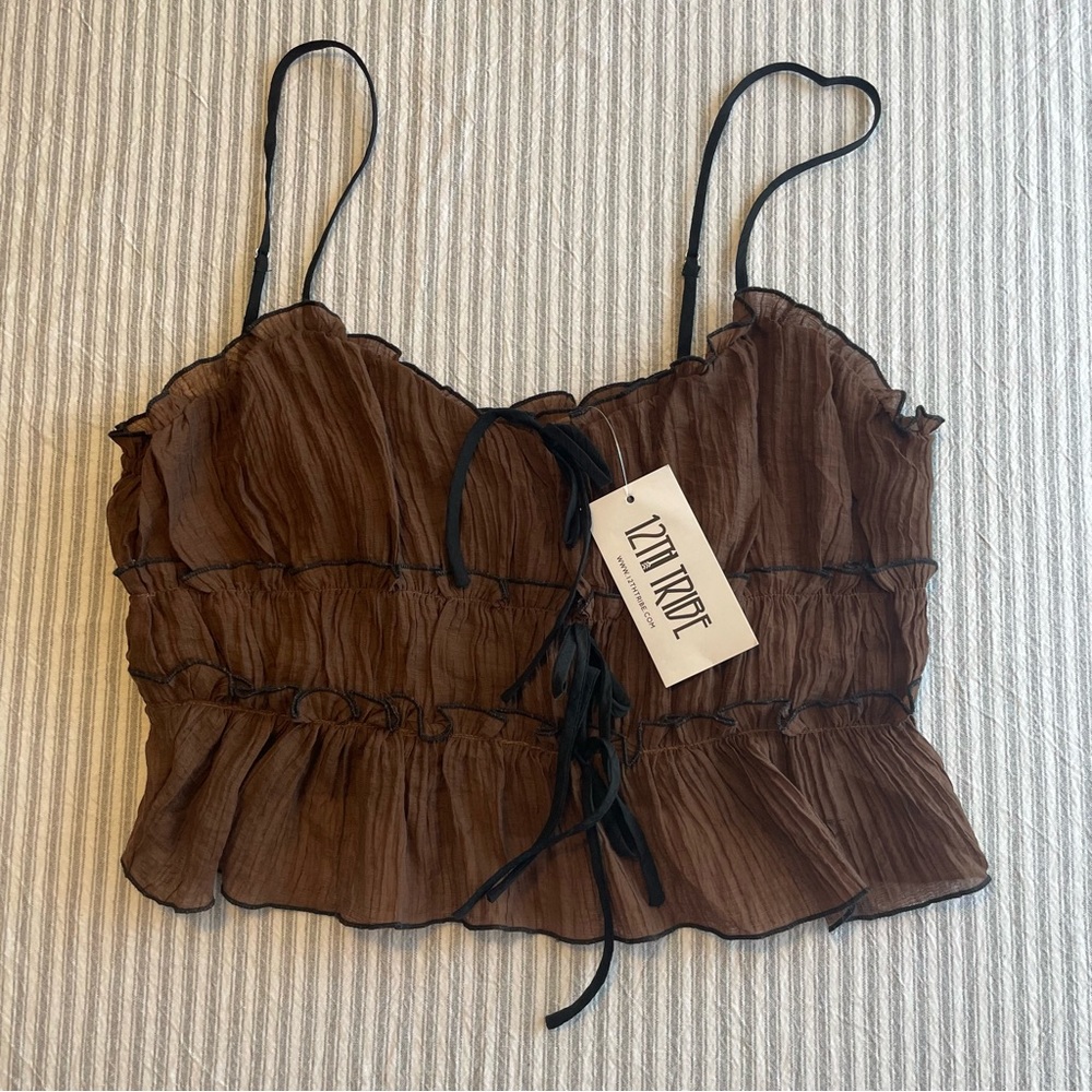 12th TRIBE Brown Plisse Ruffle Cami Top XL  Smocked Cropped Bodice Zipper #685